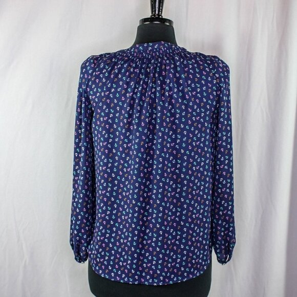 Talbots Blouse Anchor Print Blue Pastel Colors Button Down Size SP - Picture 4 of 5